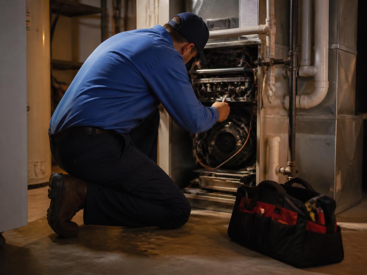 Technician servicing a residential furnace